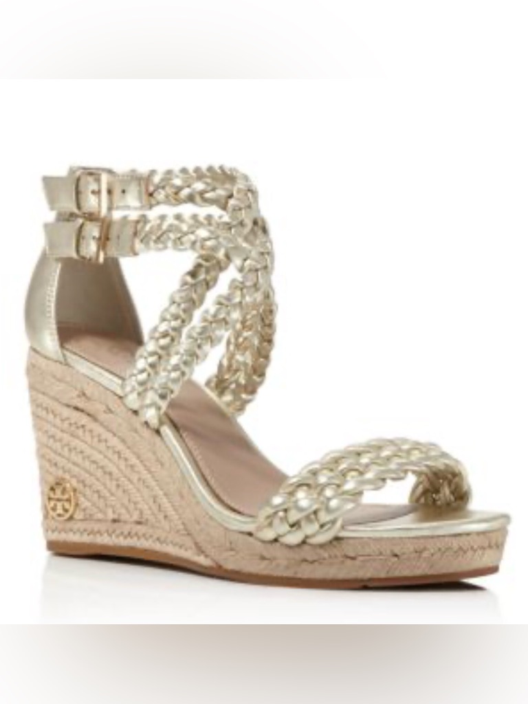 Tory Burch Metallic Gold Braided Espadrille Wedge Sandals, Sz 8.5, Like New